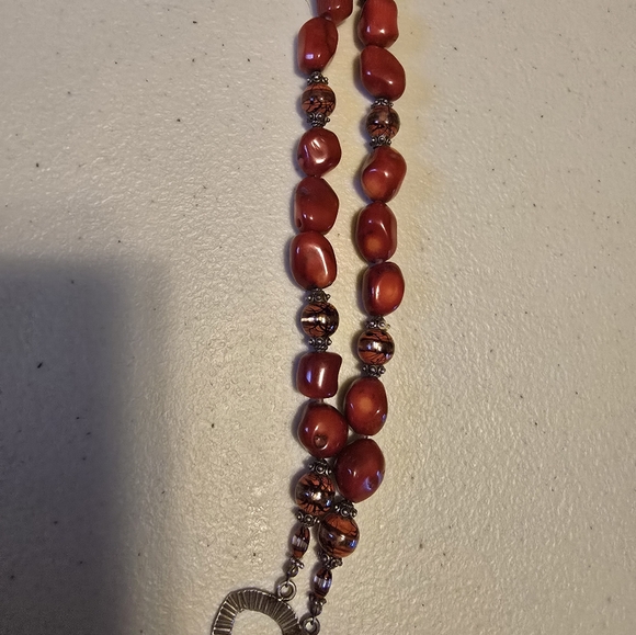 Red Coral and Marcasite Bead Bracelet - Sterling tone Silver Toggle Clasp - - Picture 7 of 7